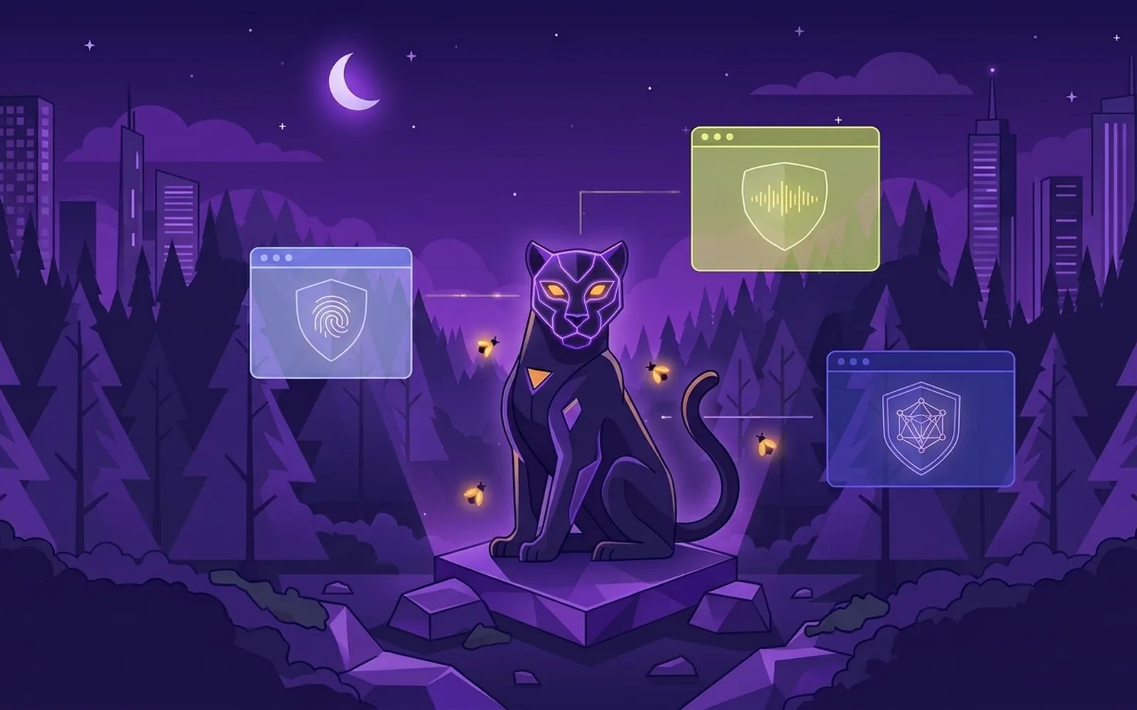 Paw the masked cyber-panther in a purple night forest surrounded by isolated browser identity windows